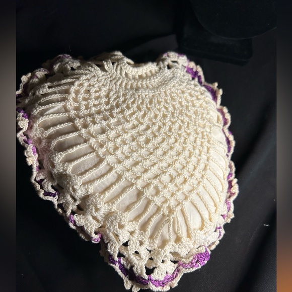 VTG Pretty Crocheted Purple and White Covering on Satin Heart Pillow. - Picture 4 of 9